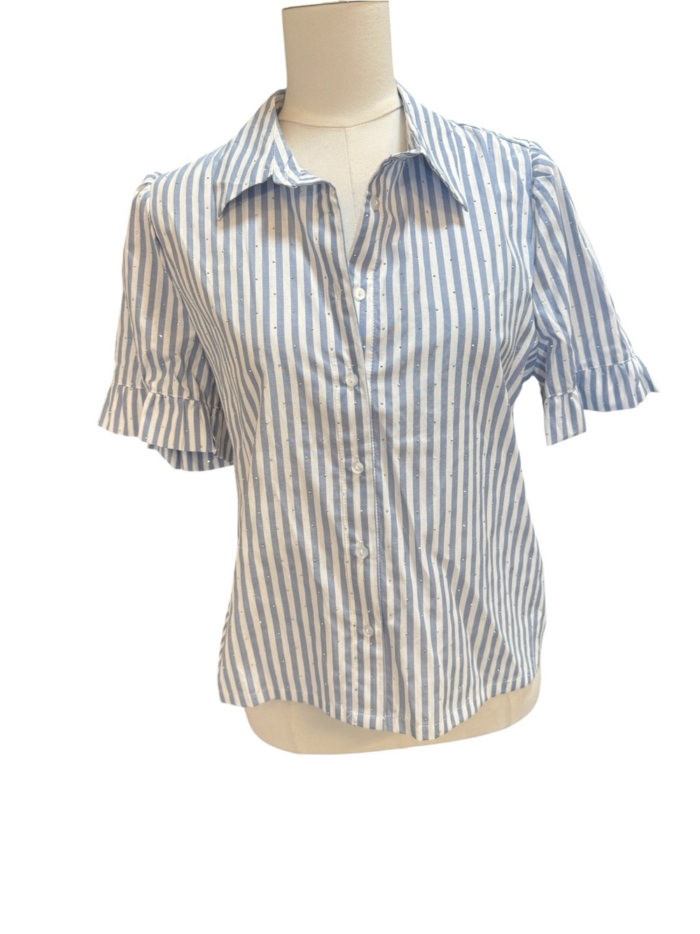 Modern Works Rhinestone Stripe Ruffle Sleeve Blouse Blue White Size Large
